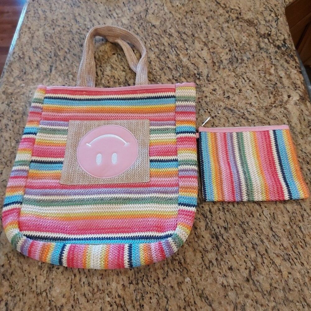 Packed Party Bring on the Fun Smiley Woven Rainbow Tote Bag/Zip Pouch NEW
